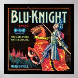 Póster Etiqueta del cajón de la fruta del Azul-Caballero