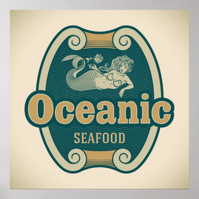 Póster Etiqueta retro de marisco de sirena (Frente)