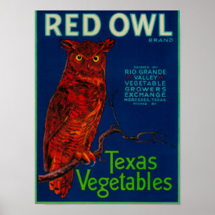 Póster Etiqueta vegetal del búho rojo