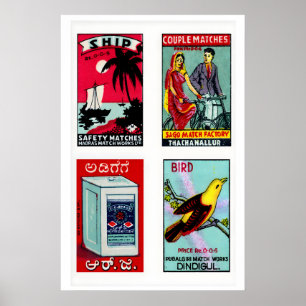 Póster Etiquetas de caja de cerillas india azul claro en 