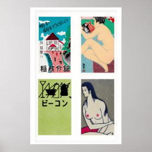 Póster Etiquetas de Caja de Cerillas Japonesa en Cuadrícu