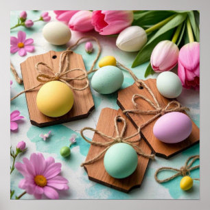 Póster Etiquetas rústicas de madera con huevos de Pascua