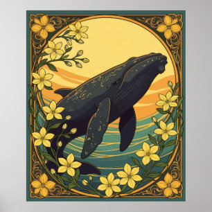 Póster Eubalaena glacialis Y Flores De Jazmín Amarillo