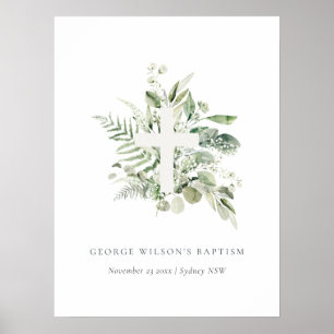 Póster Eucalipto Verde Rústico Fern Foliage Cross Baptism