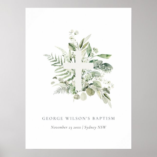 Póster Eucalipto Verde Rústico Fern Foliage Cross Baptism (Frente)