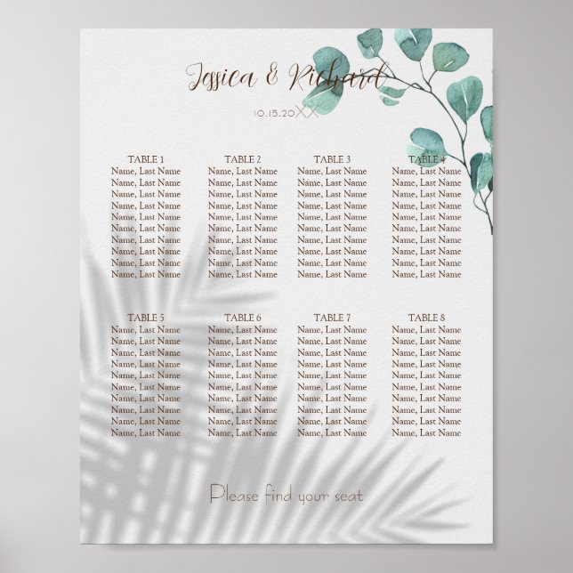 Póster Eucalyptus 8 Tables Seating Chart Poster Sign (Frente)