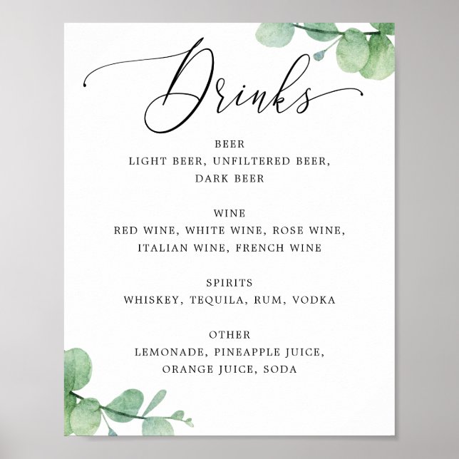 Póster Eucalyptus Bar Menu Sign | Elegant Wedding Drinks (Frente)