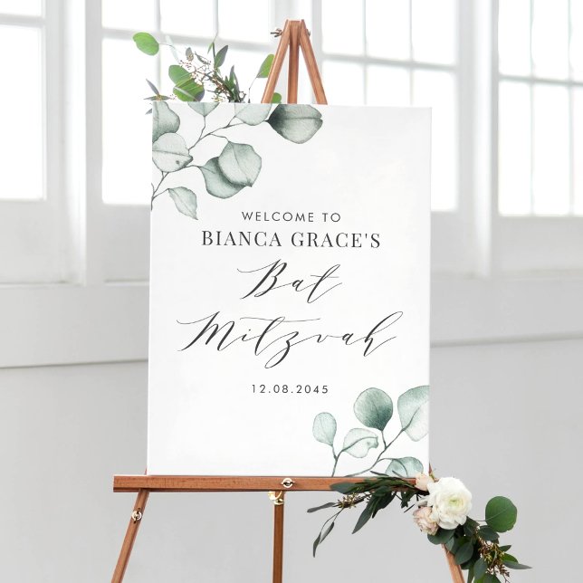 Póster Eucalyptus Bat Mitzvah (Customizable greenery Bat Mitzvah welcome sign featuring watercolor eucalyptus greenery.)