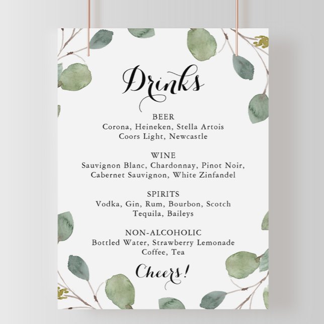 Póster Eucalyptus Calligraphy Wedding Drinks Menu Sign (Subido por el creador)