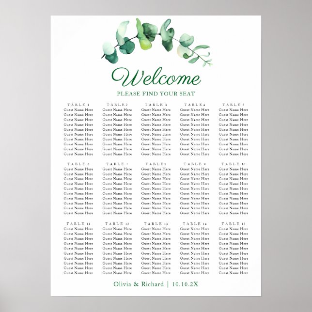 Póster Eucalyptus Greenery 15 Table Wedding Seating Chart (Frente)