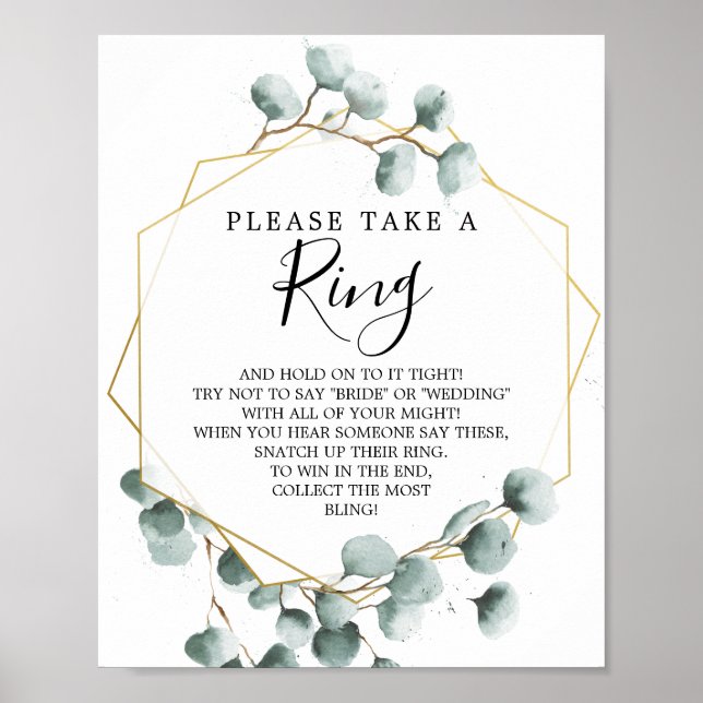 Póster Eucalyptus Greenery Bridal Shower Ring Game (Frente)