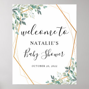 Póster Eucalyptus Greenery Gold Baby Shower Welcome Sign