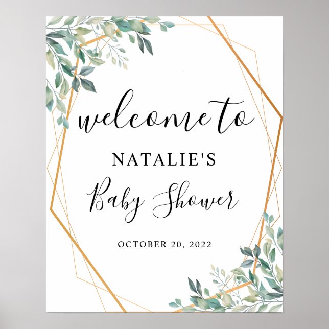 Póster Eucalyptus Greenery Gold Baby Shower Welcome Sign (Frente)
