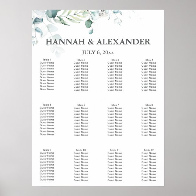 Póster Eucalyptus Greenery Wedding Seating Chart (Frente)