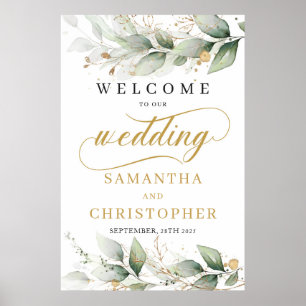 Póster Eucalyptus leaves gold boho wedding welcome sign