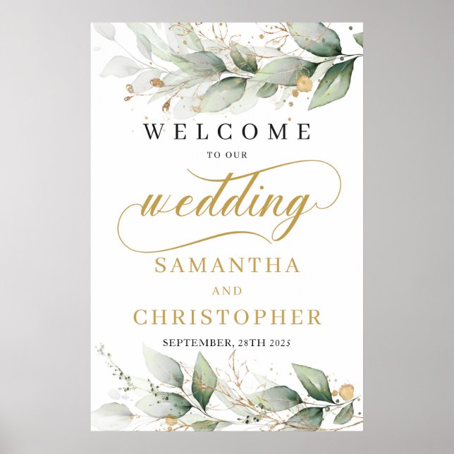 Póster Eucalyptus leaves gold boho wedding welcome sign (Frente)