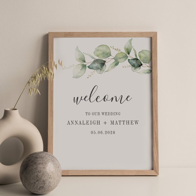 Póster Eucalyptus minimalista deja Boda de guiones (Eucalyptus Wedding Welcome Sign)