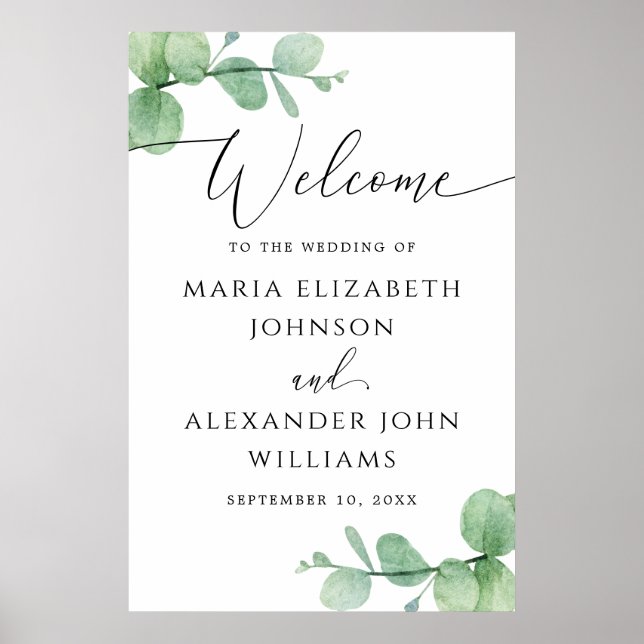 Póster Eucalyptus Wedding Welcome Sign | Elegant Script (Frente)