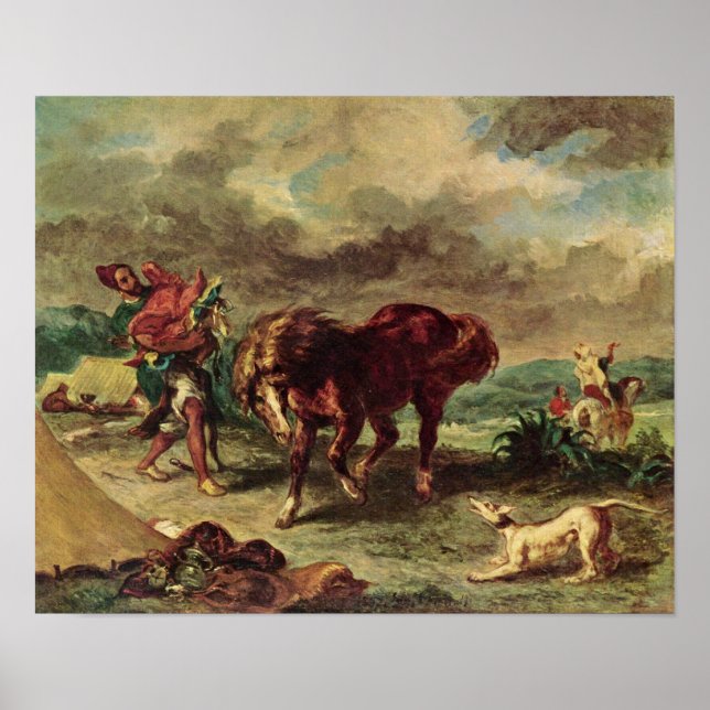 Póster Eugene Delacroix - El marroquí y su caballo (Frente)