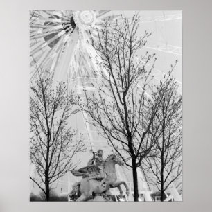 Póster Europa, Francia, París. Estatua y noria,
