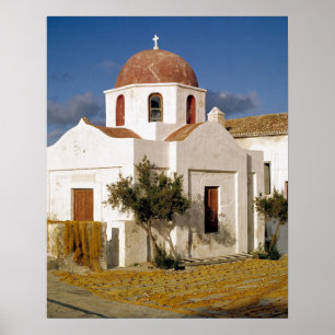 Póster Europa, Grecia, Mykonos. Redes de pesca se secan e