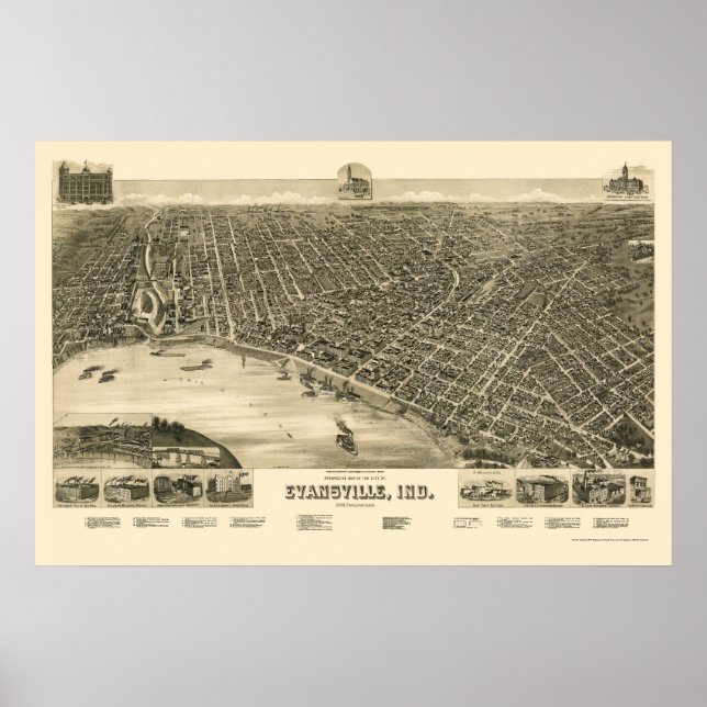 Póster Evansville, EN Mapa Panorámico - 1888 (Frente)
