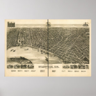 Póster Evansville Indiana 1888 Mapa Panorámico Antiguo
