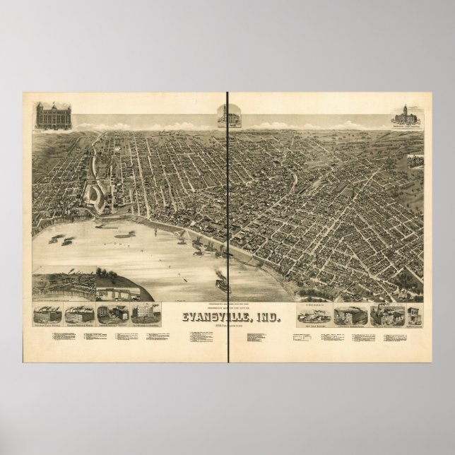 Póster Evansville Indiana 1888 Mapa Panorámico Antiguo (Frente)