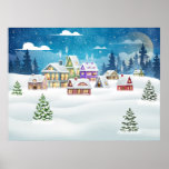 Póster Evening winter village landscape with snow covered<br><div class="desc">Evening winter village landscape with snow covered house. Christmas holidays illustration
abstract, architecture, art, background, buildings, cabin, celebration, chalet, christmas, christmas tree, city, cityscape, cottage, december, decoration, forest, greeting, holiday, house, hut, vintage, retro, illustration, </div>