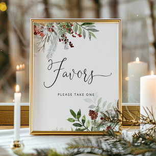 Póster Evergreen favors sign. Winter baby shower favors