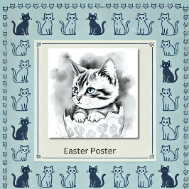 Póster excéntrico gatito de Pascua en la cáscara de huevo