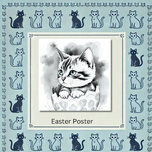Póster excéntrico gatito de Pascua en la cáscara de huevo