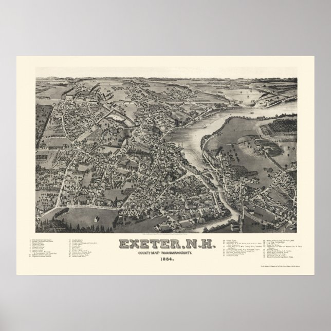 Póster Exeter, Mapa Panorámico NH - 1884 (Frente)