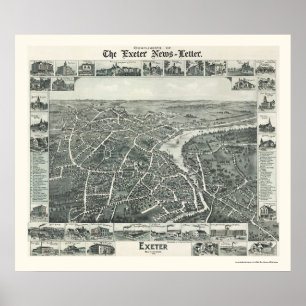 Póster Exeter, Mapa Panorámico NH - 1896