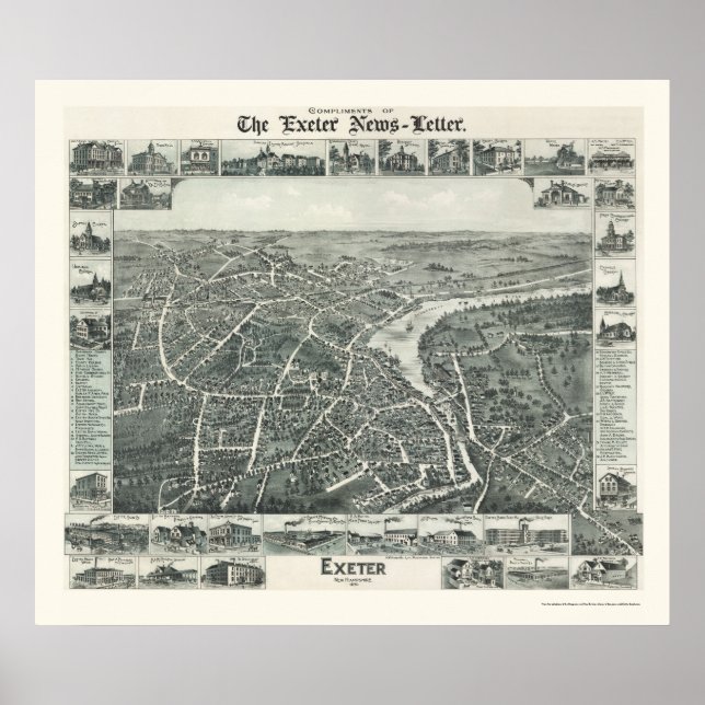 Póster Exeter, Mapa Panorámico NH - 1896 (Frente)