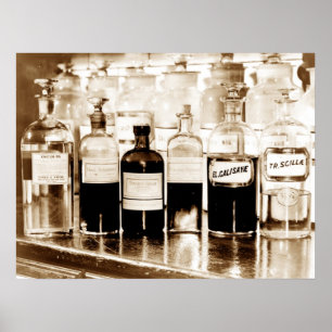Póster Exhibición de las botellas del boticario que