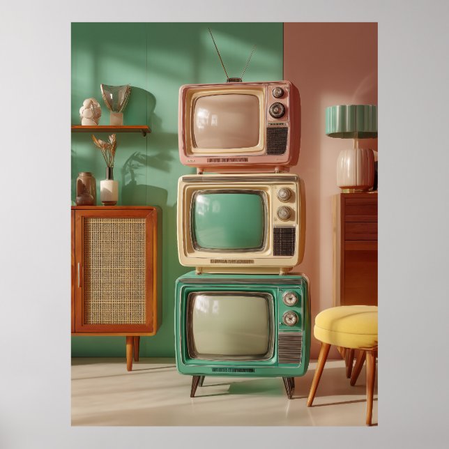 Póster Exhibidor de televisores antiguos apilados (Frente)