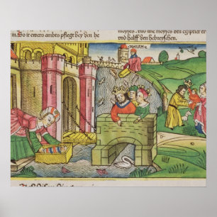 Póster Éxodo 2 1-6 Moses que es flotado abajo del Nilo y