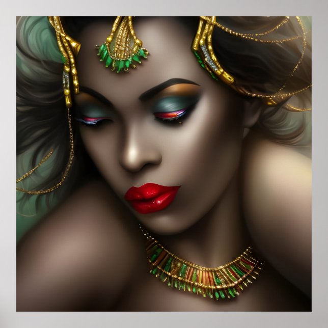 Póster Exótica africana bella mujer labios rojos dorados  (Frente)