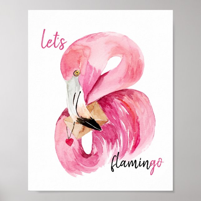 Póster Exótico Moderno Rosa Let's Flamingo Acuarela   (Frente)