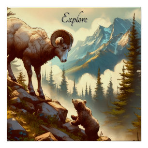 Póster Explora la montaña de cachorros de oveja bighorn G