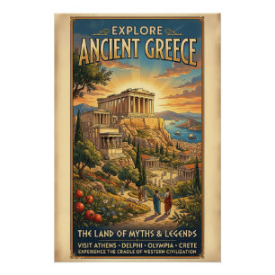 Póster Explorar cartel de viaje vintage de la antigua Gre