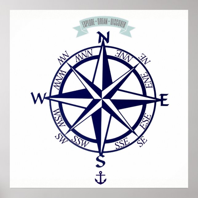 Póster Explorar-Dream-Discover Compass con ancla Imprimir (Frente)