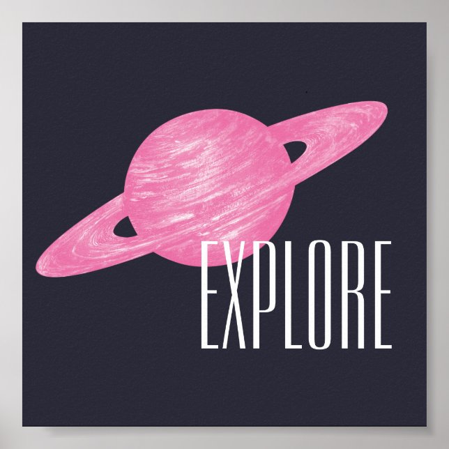 Póster Explorar espacio Saturn Ilustracion Azul marino ro (Frente)