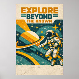 Póster Explore Beyond the Known — Retro Space Voyage