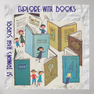 Póster EXPLORE de aspecto retro CON LIBROS. Texto editabl