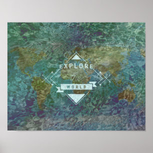 Póster Explore el mapa del mundo y riegue el poster