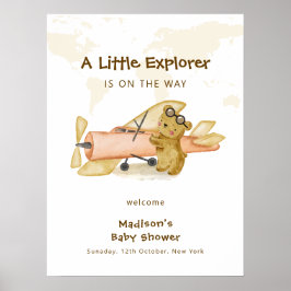 Póster Explorer World Map Airplane Baby Shower Welcome 