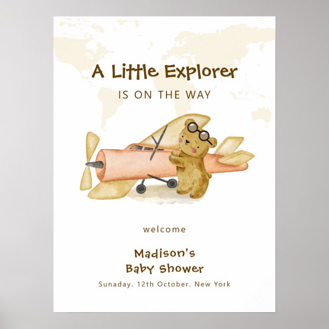 Póster Explorer World Map Airplane Baby Shower Welcome  (Frente)