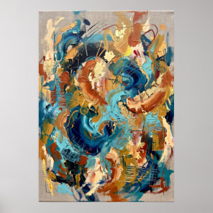 Póster expresionista abstracto dorado turquesa
